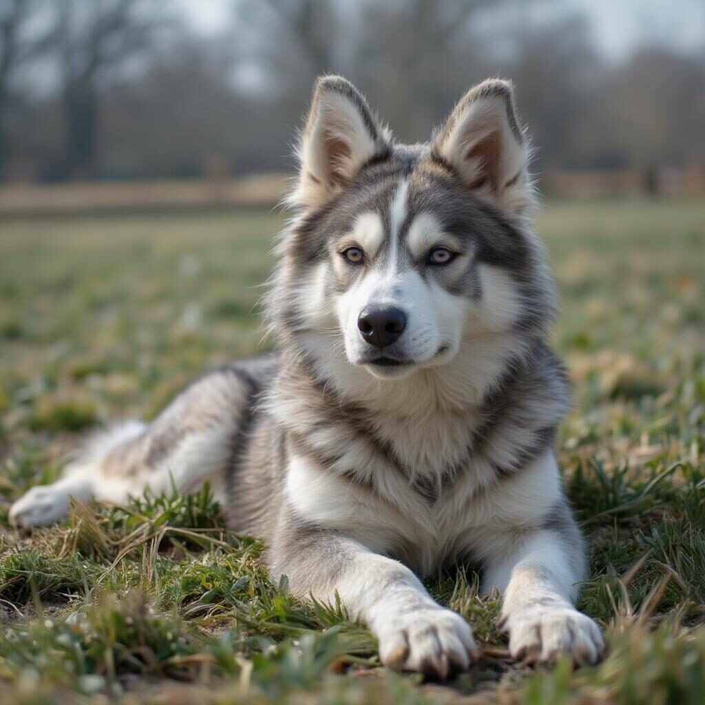 Chó Husky với bộ lông dày đặc trưng đang nằm thư giãn trên thảm cỏ.
