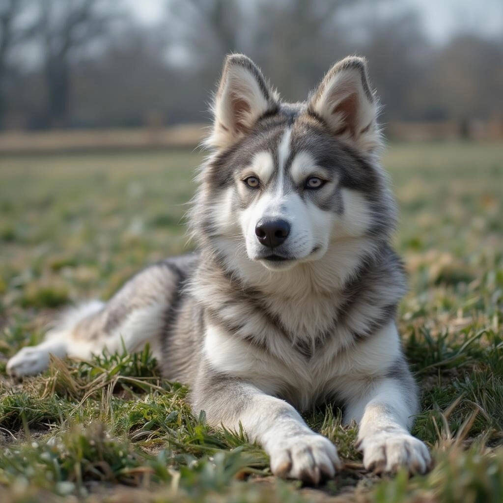 Chó Husky với bộ lông dày đặc trưng đang nằm thư giãn trên thảm cỏ.