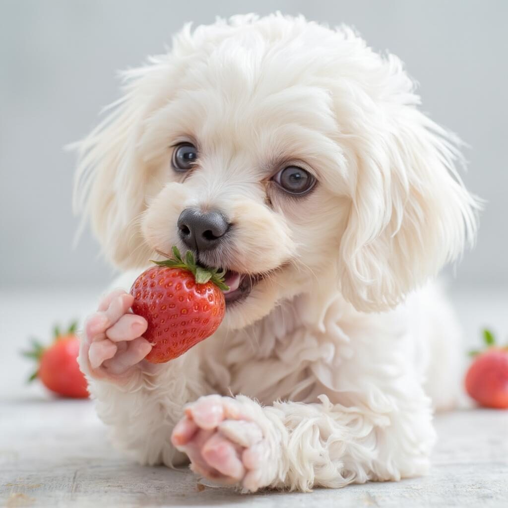 Chó Poodle ăn dâu tây