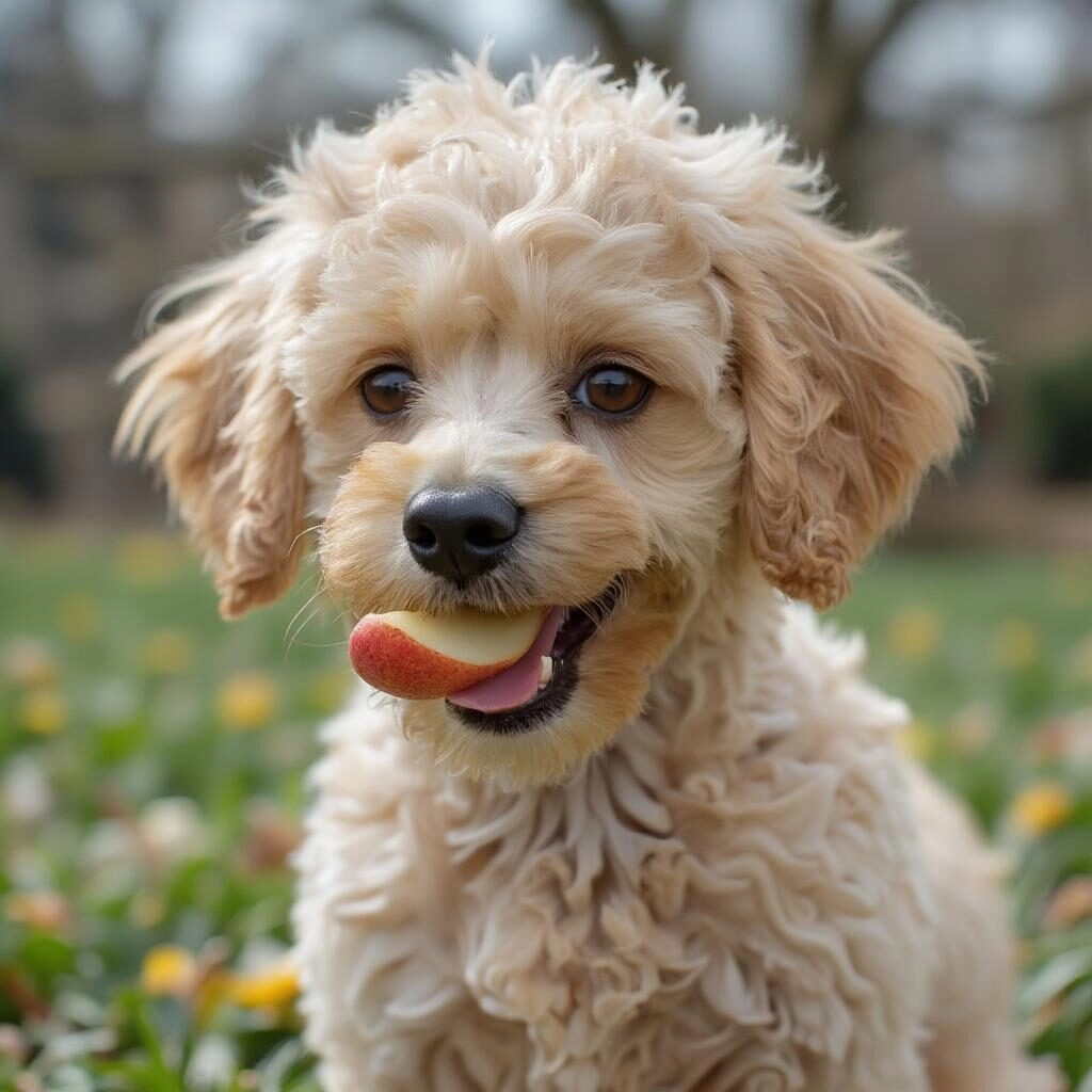 Chó Poodle ăn táo đỏ