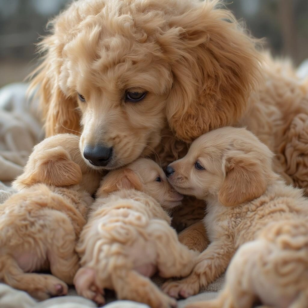 Chó Poodle mẹ và đàn con mới đẻ: Hình ảnh chó Poodle mẹ đang cho con bú, thể hiện tình mẫu tử và sự cần thiết của việc chăm sóc đặc biệt.
