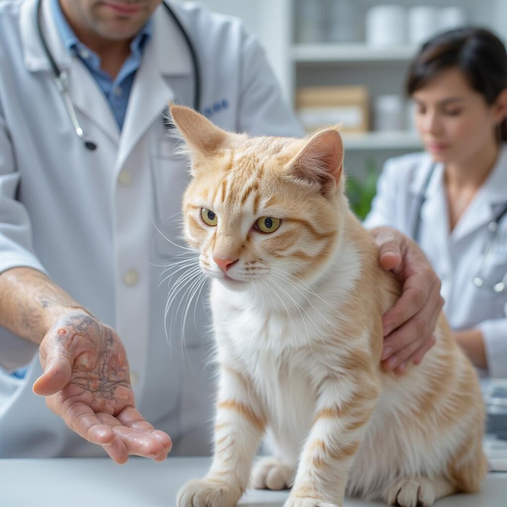 Điều trị bệnh da ở mèo: Hình ảnh bác sĩ thú y đang kiểm tra da cho mèo, minh họa quá trình chẩn đoán bệnh da.