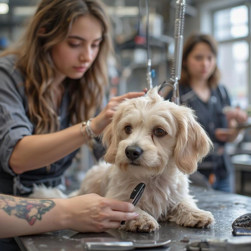 Học viên sử dụng dụng cụ grooming trên chó