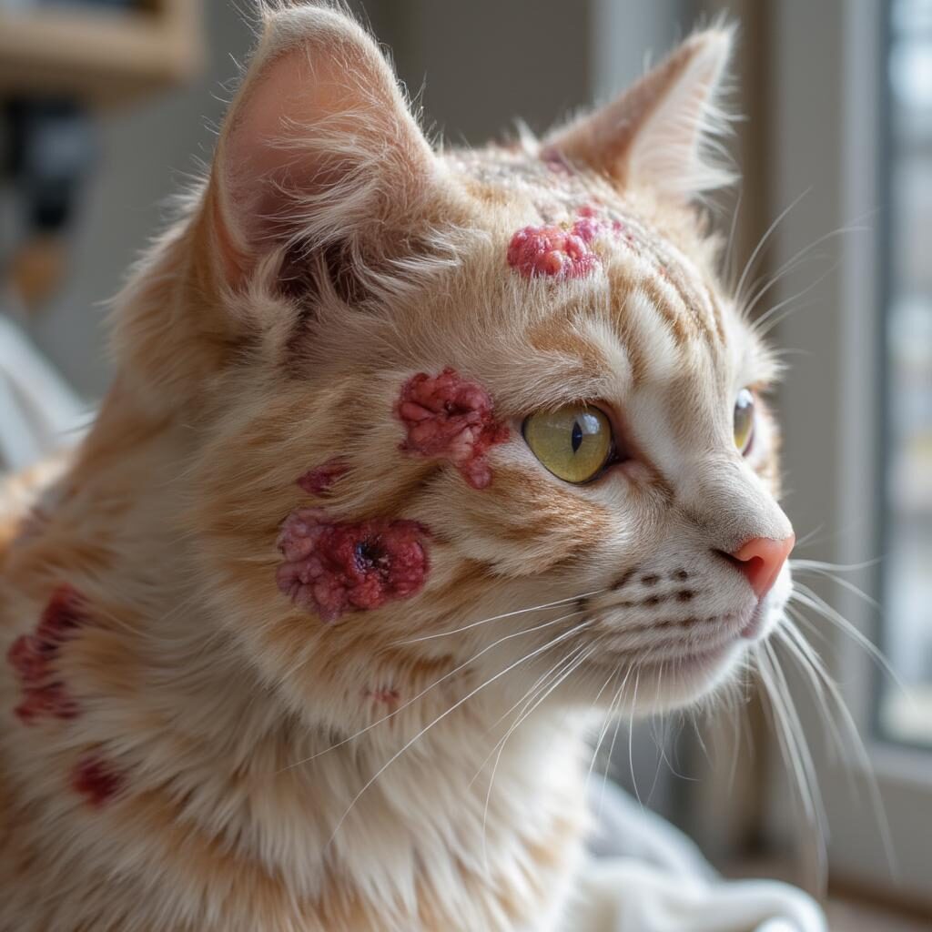 Mèo bị nấm nặng, da đỏ và lở loét
