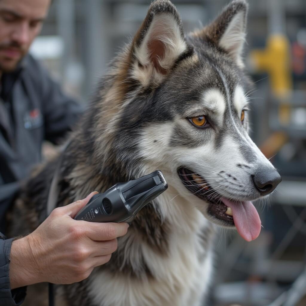 Sử dụng tông đơ chuyên dụng để cạo lông cho chó Husky.